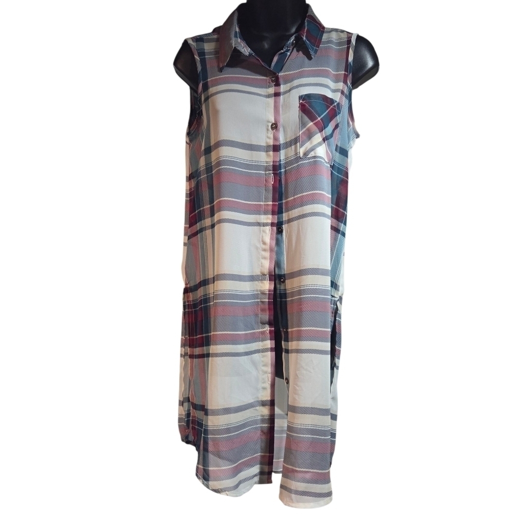 Jolt Juniors Sleeveless Plaid And Lace Lightweight Button-Up Tunic Size S